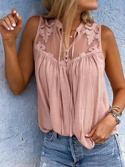 Chiffon Patchwork Lace V-Neck Sleeveless Top | Silk Chiffon FitiqueFit