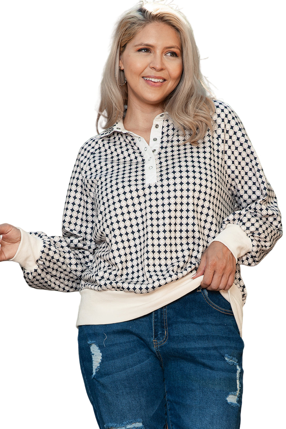 Black Plus Size Two Tone Contrast Collared Pullover Sweatshirt Garden Naked Curves