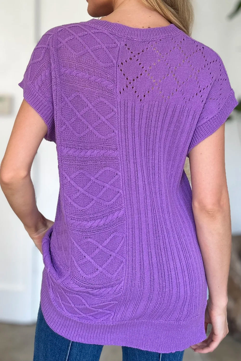 Double Take Full Size Cable-Knit Round Neck Cap Sleeve Sweater New Era Fashion LLc