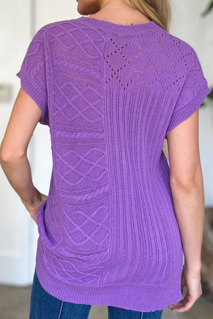 Double Take Full Size Cable-Knit Round Neck Cap Sleeve Sweater New Era Fashion LLc