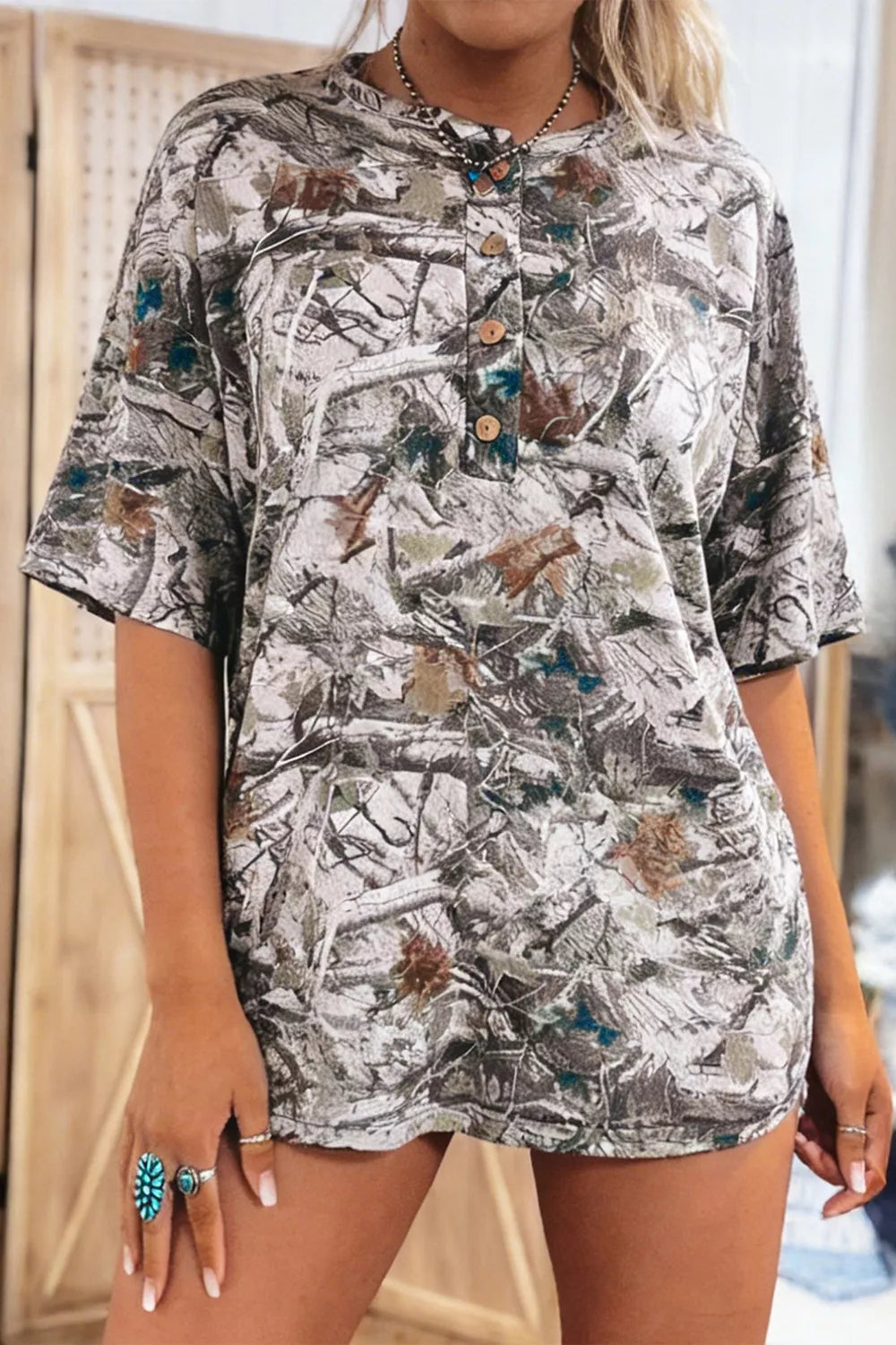 Abstract Woodland Print Tunic Henley T Shirt New Era Fashion LLc