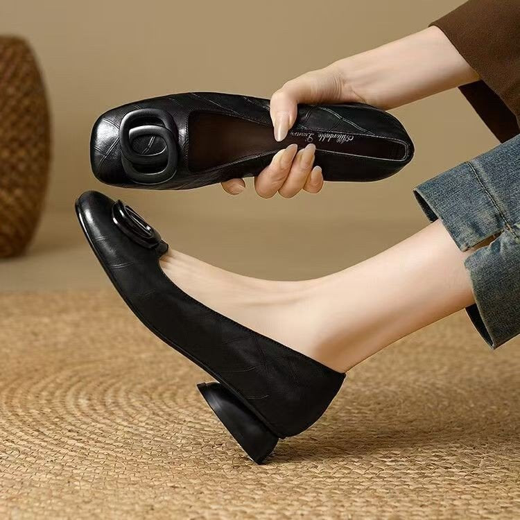 Women's French Vintage Round Toe Slip-On Flats – Low Chunky Heel Mary Jane Style FitiqueFit