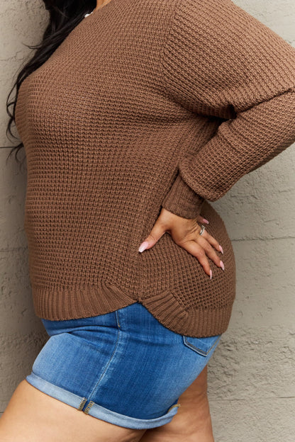 Zenana Breezy Days Plus Size High Low Waffle Knit Sweater Garden Naked Curves