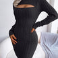Solid Ribbed Knit Keyhole Dress, Elegant Crew Neck Long Sleeve Bodycon Dress, Women's Clothing NovaCart