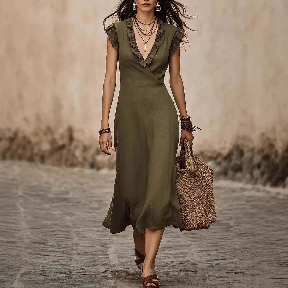 Women's V-Neck Cotton-Linen Flutter-Sleeve Ruffle-Trim Midi Dress FitiqueFit