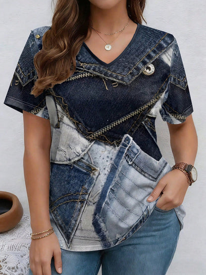 V-Neck Denim Print Short Sleeve T-Shirt | Loose Casual Tee FitiqueFit