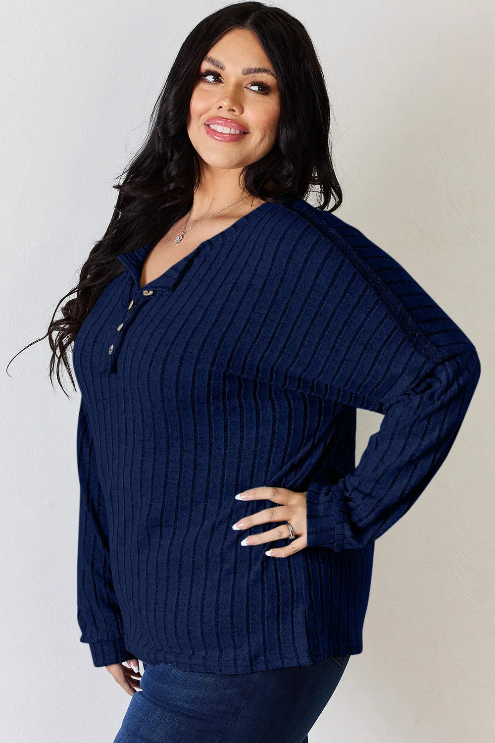 Basic Bae Full Size Ribbed Half Button Long Sleeve T-Shirt New Era Fashion LLc