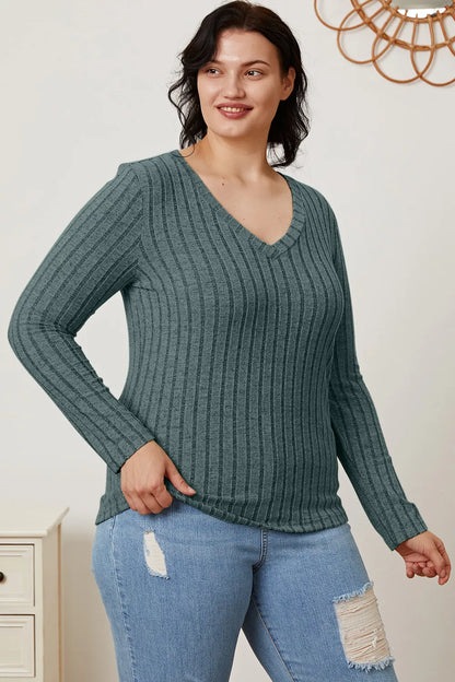 Basic Bae Full Size Ribbed V-Neck Long Sleeve T-Shirt New Era Fashion LLc