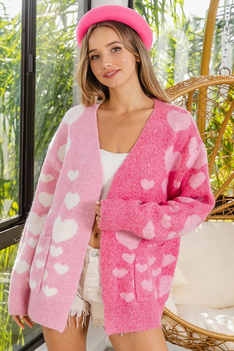 BiBi Heart Color Block V-Beck Knit Cardigan with Pockets FitiqueFit