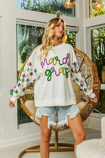 BiBi Fleur De Lis Sleeve Mardi Gras Pullover FitiqueFit