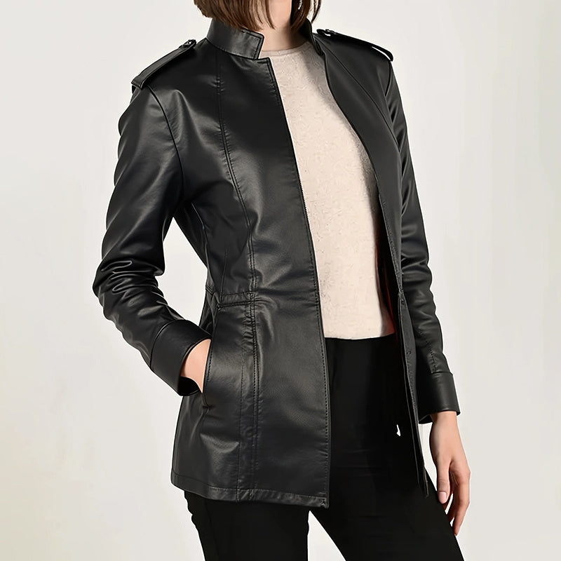Vintage Style PU Jacket — Mid-Length Open Cardigan Leather Coat with Pockets FitiqueFit
