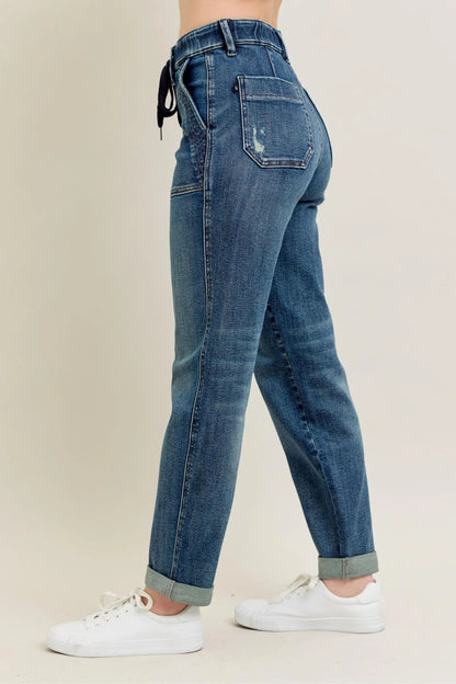 Judy Blue Full Size HW Vintage Wash Jeans w/ Drawstring Plus Size West2East Surf