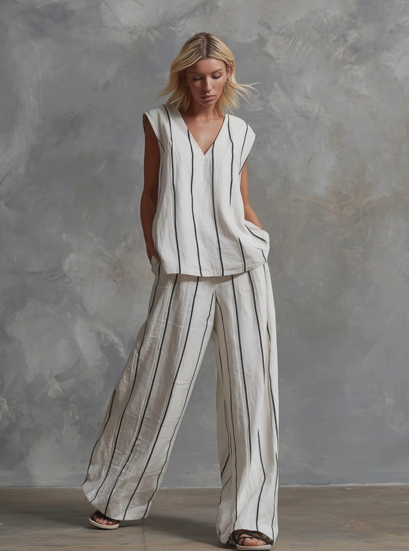 Women’s Sleeveless Striped Top and Full-Length Pants Set FitiqueFit