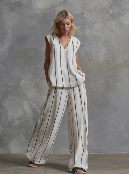 Women’s Sleeveless Striped Top and Full-Length Pants Set FitiqueFit