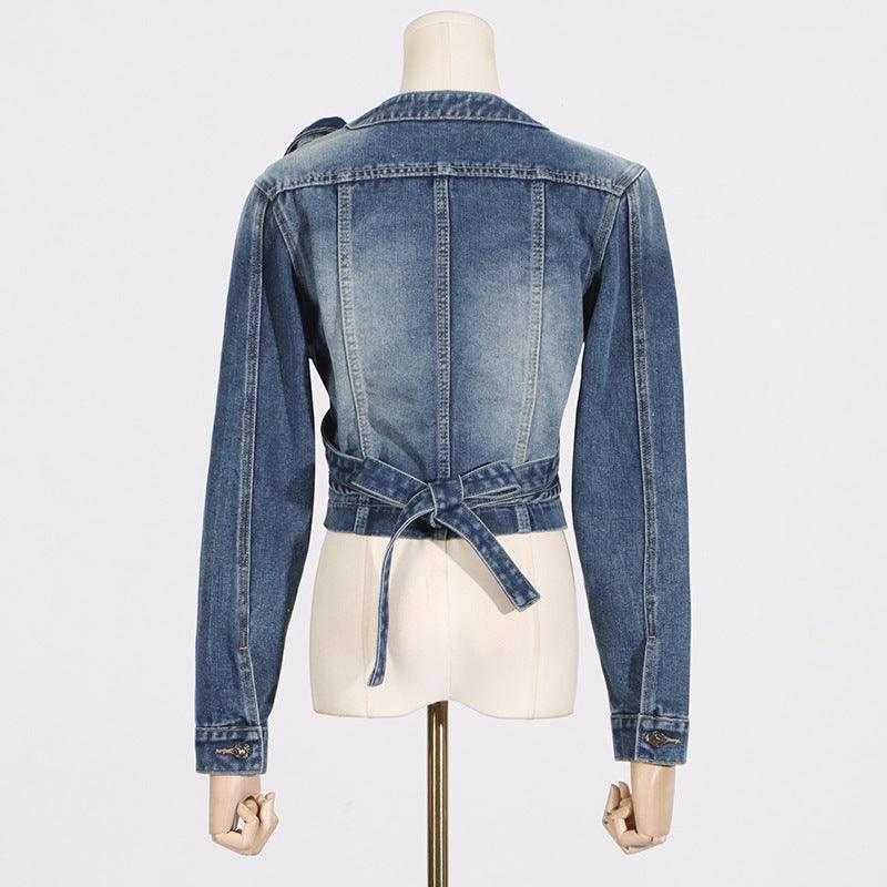 Women’s V-neck Cross Asymmetrical Lace-Up High-End Short Denim Jacket Country in My Heart