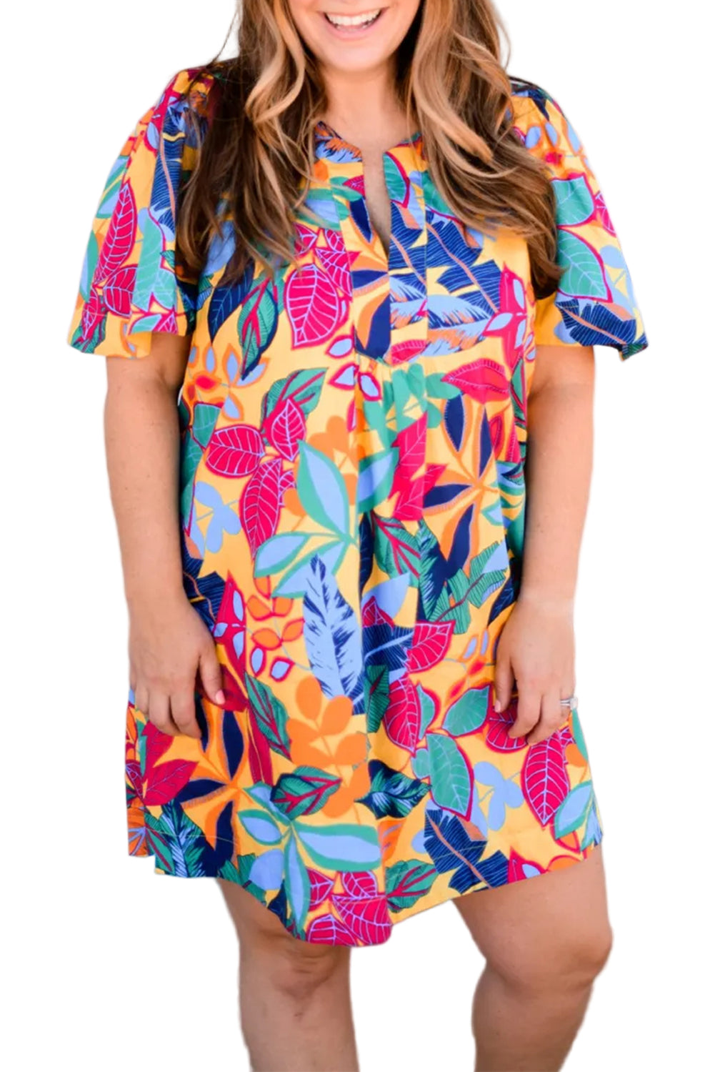 Multicolour Plus Size Leafy Print Split Neck Short Sleeve Shift Dress Garden Naked Curves