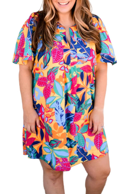 Multicolour Plus Size Leafy Print Split Neck Short Sleeve Shift Dress Garden Naked Curves