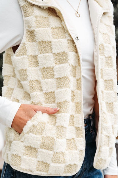 Checker Sherpa Snap Button Vest Jacket With Pocket See size chart under “more details” The Fashion Celestial
