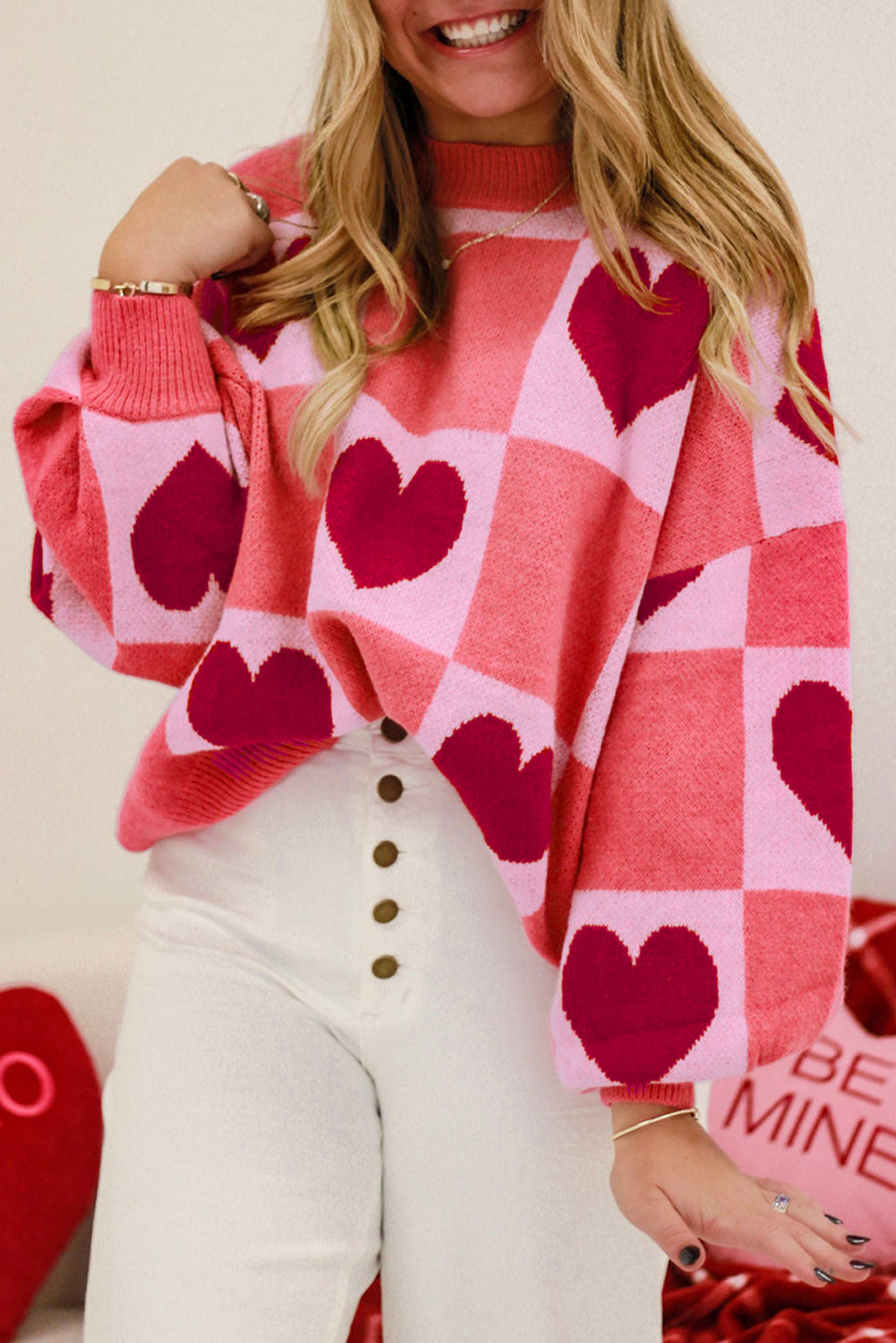 Pink Plus Size Love Heart Block Mock Neck Lantern Sleeve Valentine Sweater Garden Naked Curves