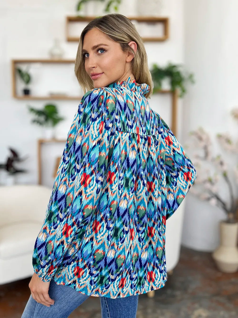 Double Take Full Size Printed Balloon Sleeve Blouse New Era Fashion LLc