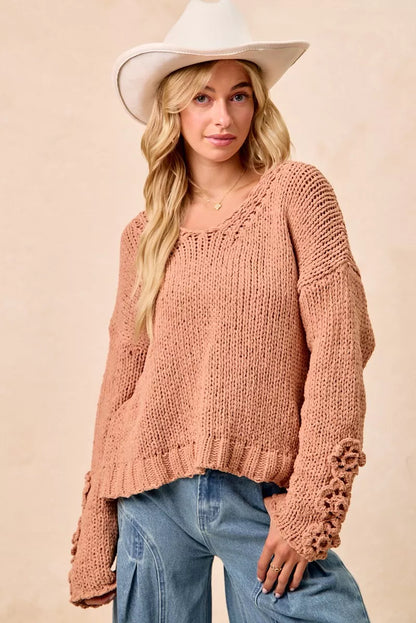 BiBi Chunky Knit Sweater with Flower Detail Sleeves FitiqueFit