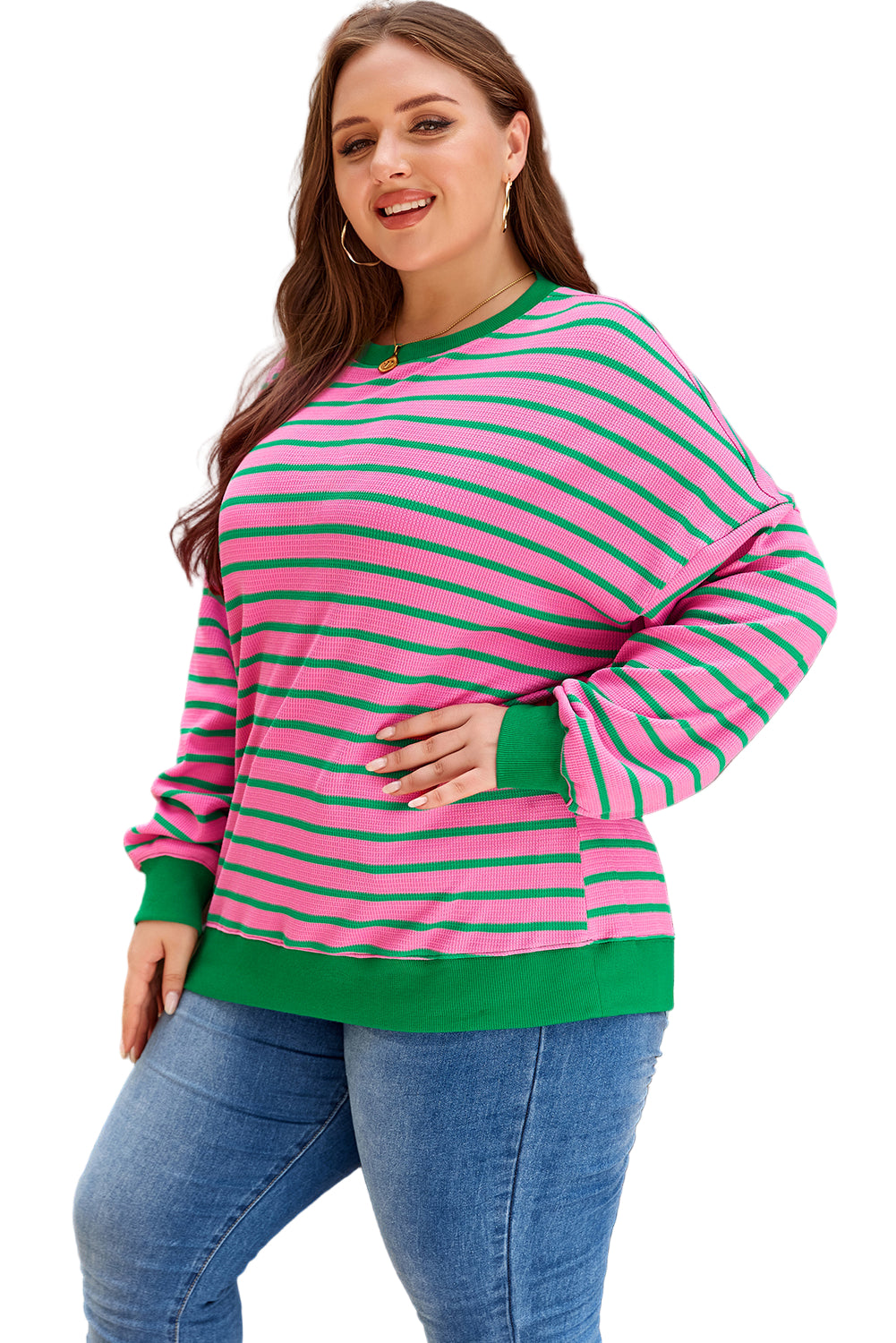 Pink Stripe Waffle Knit Crew Neck Plus Size Sweatshirt Garden Naked Curves