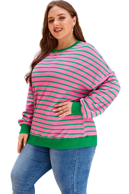 Pink Stripe Waffle Knit Crew Neck Plus Size Sweatshirt Garden Naked Curves