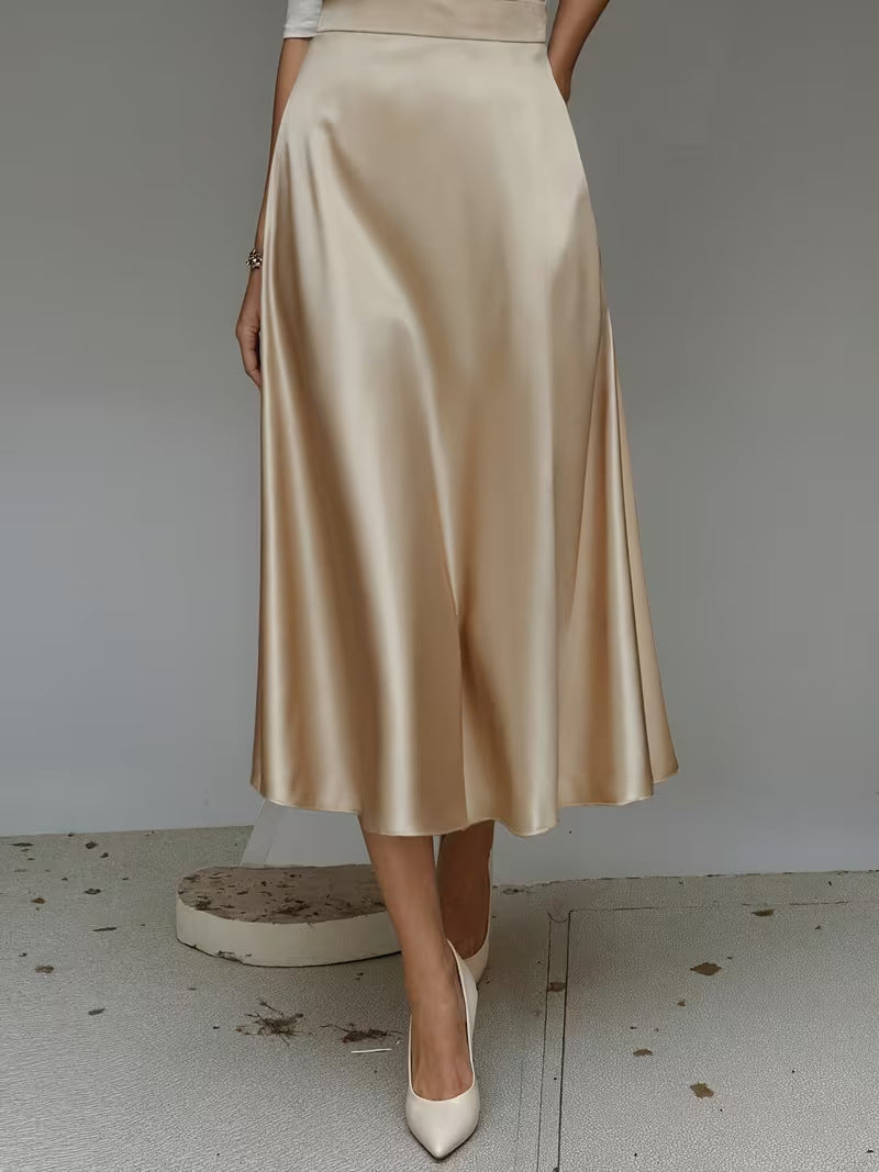 Women's Satin Solid Color Mid-Length Skirt – Slight Stretch FitiqueFit