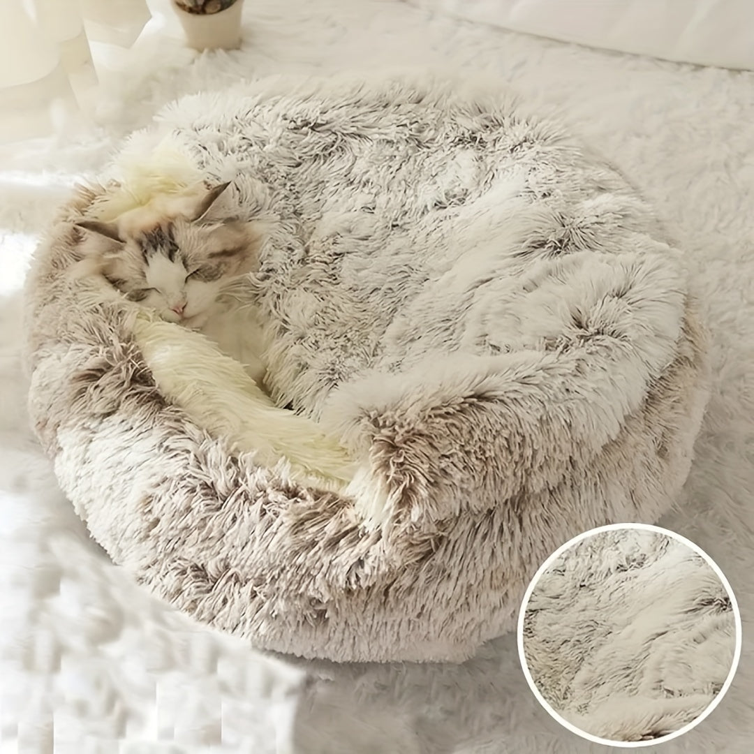 2 in 1 Round Warm Pet Bed House Polyester Cat Bed, Long Plush, Winter, with Sleeping Bag Sofa Cushion for Cat NovaCart