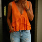 V-Neck Ruffled Sleeveless Vest Top – Solid Color Women’s Tank FitiqueFit