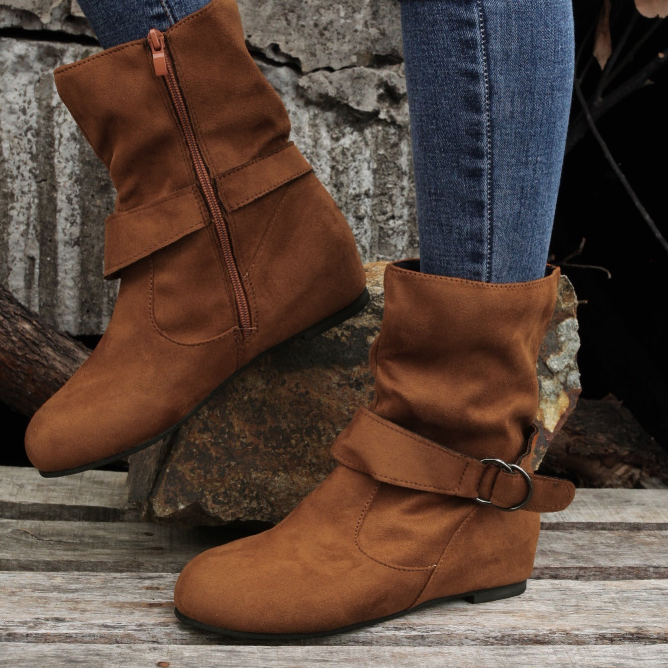 1.18inch Inner Height Increase Women's Short Boots with Flat Sole, Buckle Closure, Comfortable, Warm, and Lightweight, Women Shoes NovaCart