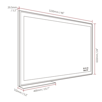 48x24 inch LED bathroom makeup mirror wall mounted adjustable light anti fog touch switch with memory intelligent large bathroom
