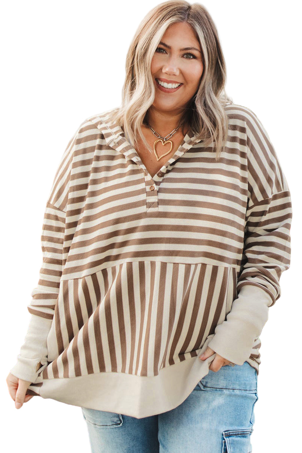 Brown Stripe Drop Sleeve Plus Size Henley Hoodie Garden Naked Curves