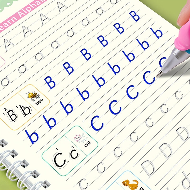 4-Piece Set of Kindergarten Learning Supplies: Children's Hard Pen Grooved Copybook, Magic Calligraphy Practice Book, Educational and Scientific Toy Grooved Copybook, Fade-Resistant Embossed Writing Practice Book, Reusable Ma NovaCart