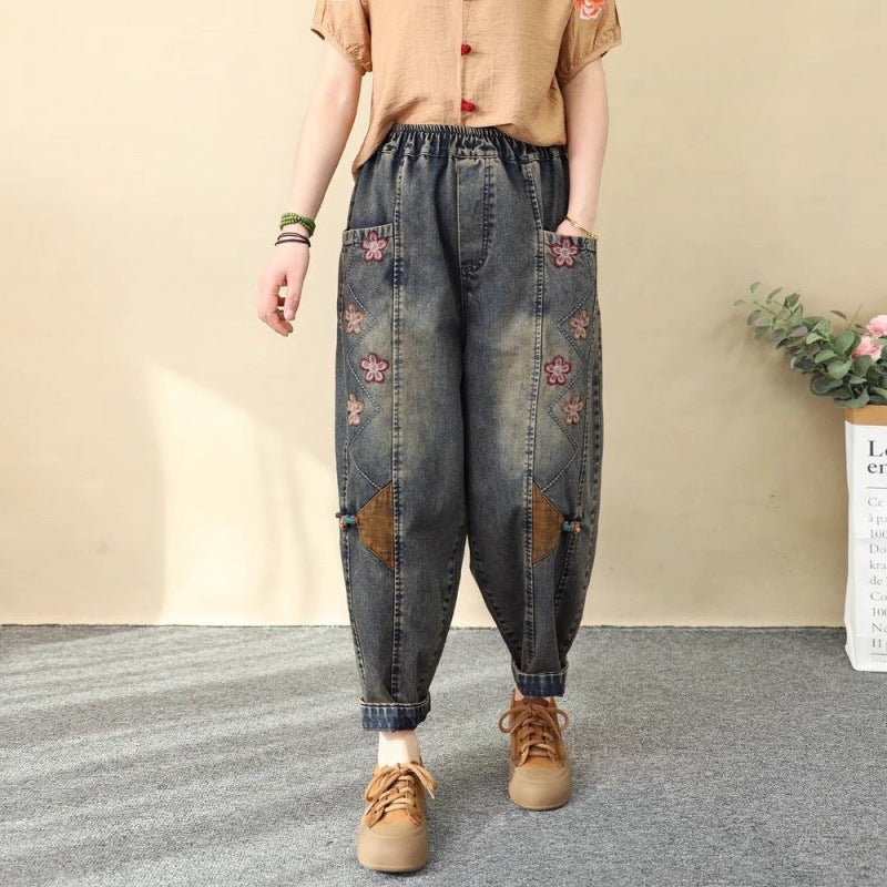 Patchwork Embroidered Cropped Harem Pants – Women's Wide Leg High Waist Denim FitiqueFit