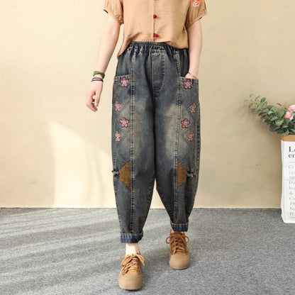 Patchwork Embroidered Cropped Harem Pants – Women's Wide Leg High Waist Denim FitiqueFit