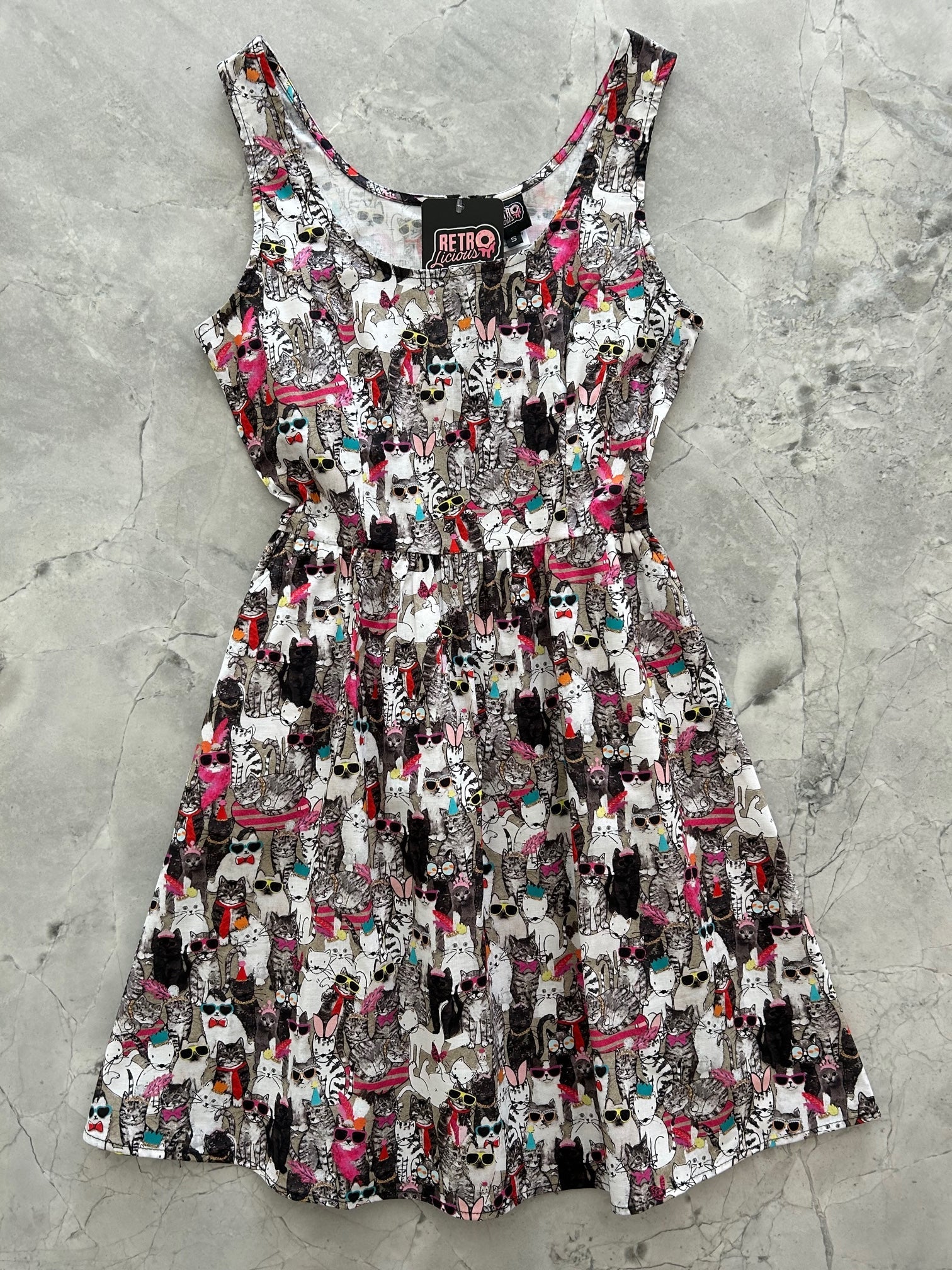 Cool Cats Shorter Length Fit & Flare Dress Retrolicious