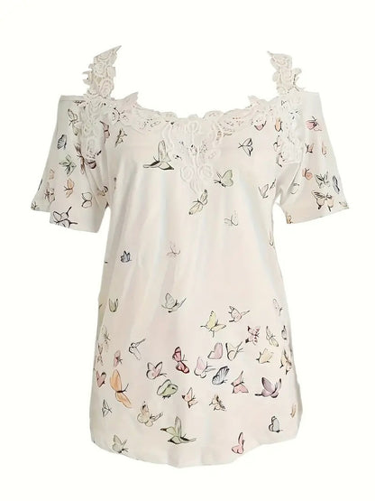 🦋 Vibrant Butterfly Lace Off-Shoulder V-Neck Tee FitiqueFit