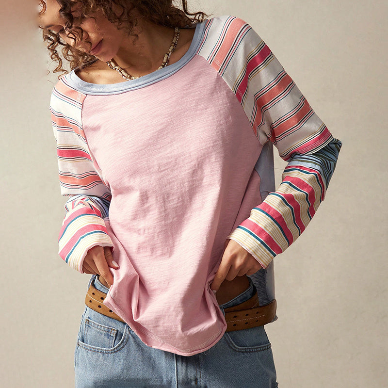 Women's Striped Long Sleeve Top Round Neck Pullover FitiqueFit
