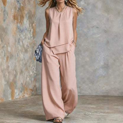 Women's Sleeveless Two-Piece Set – Solid Color Wide-Leg Pants & Top FitiqueFit