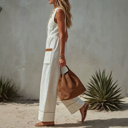 Women's Sleeveless Wide-Leg Jumpsuit – Loose Fit, V-Neck, Cotton Linen FitiqueFit
