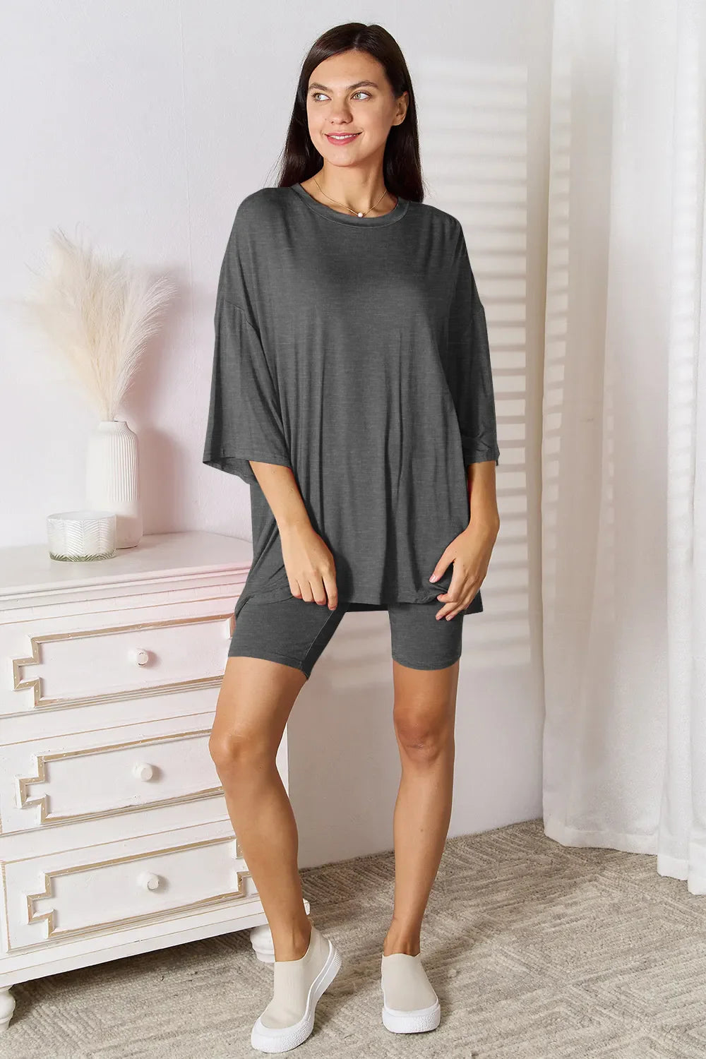 Basic Bae Full Size Soft Rayon Three-Quarter Sleeve Top and Shorts Set New Era Fashion LLc