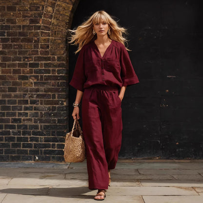 Women's Linen Button-Up Cardigan & Wide-Leg Pants Set – 2-Piece Outfit FitiqueFit