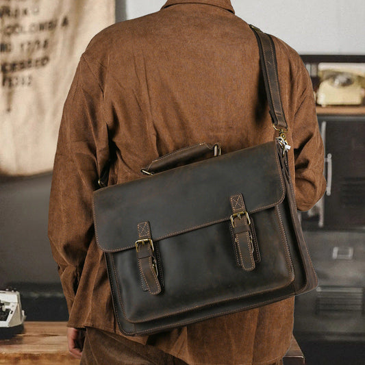 Top Layer Leather One-shoulder Crossbody Laptop Bag Pi-Mart