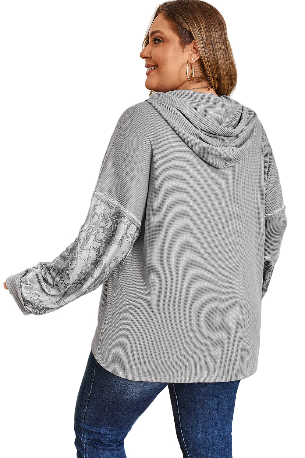 Gray Mixed Pattern Waffle Knit Patchwork Half Buttons Plus Hooded Top Garden Naked Curves
