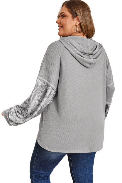 Gray Mixed Pattern Waffle Knit Patchwork Half Buttons Plus Hooded Top Garden Naked Curves