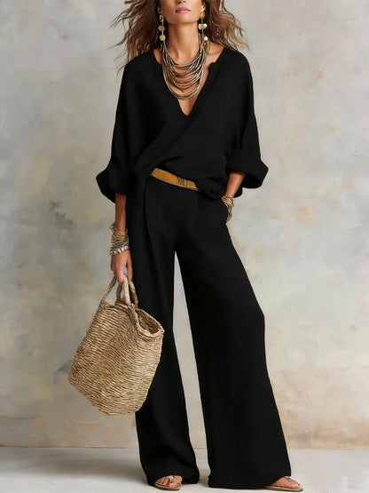 Women's Casual Linen Vacation Set – Three-Quarter Sleeve Top & Full-Length Pants FitiqueFit