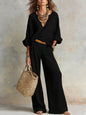 Women's Casual Linen Vacation Set – Three-Quarter Sleeve Top & Full-Length Pants FitiqueFit