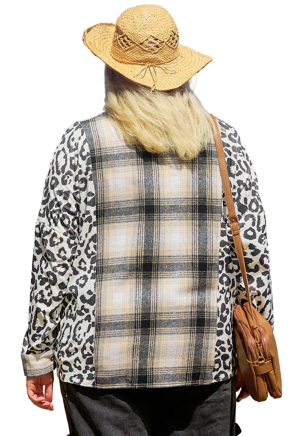 Black Plus Size Plaid Leopard Printed Patchwork Button Up Shacket Garden Naked Curves