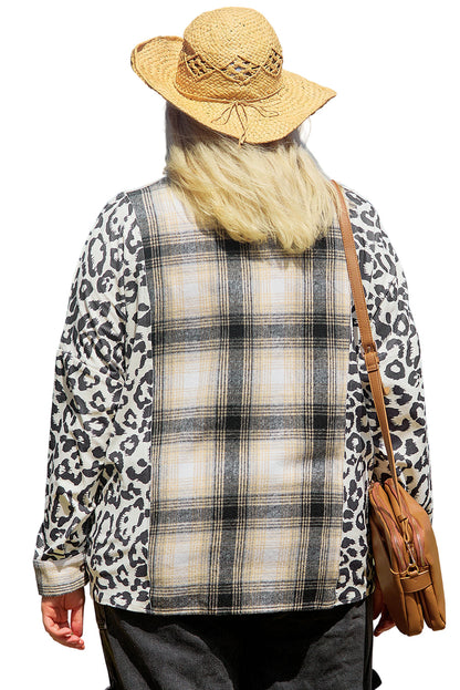 Black Plus Size Plaid Leopard Printed Patchwork Button Up Shacket Garden Naked Curves